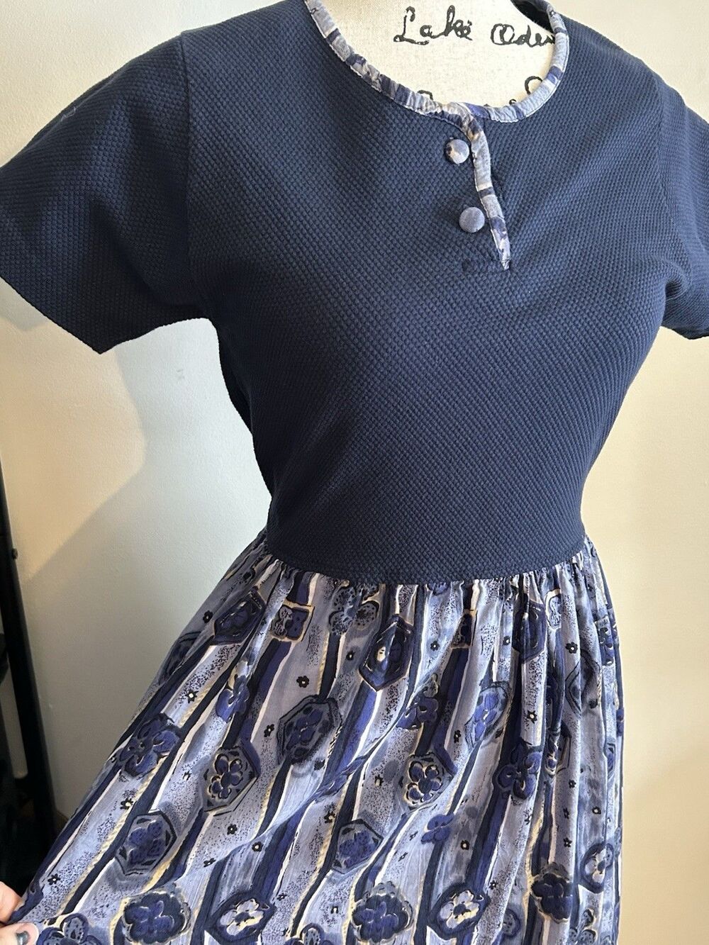 VTG Cute Zoey & Beth Blue Midi Dress W Tie Back And Shoulder Pads Size S